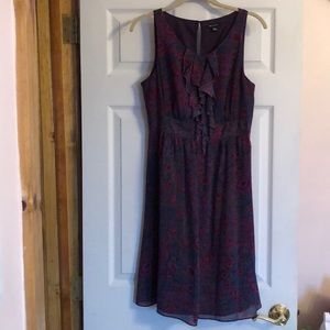 Purple peacock pattern dress with ruffle detail